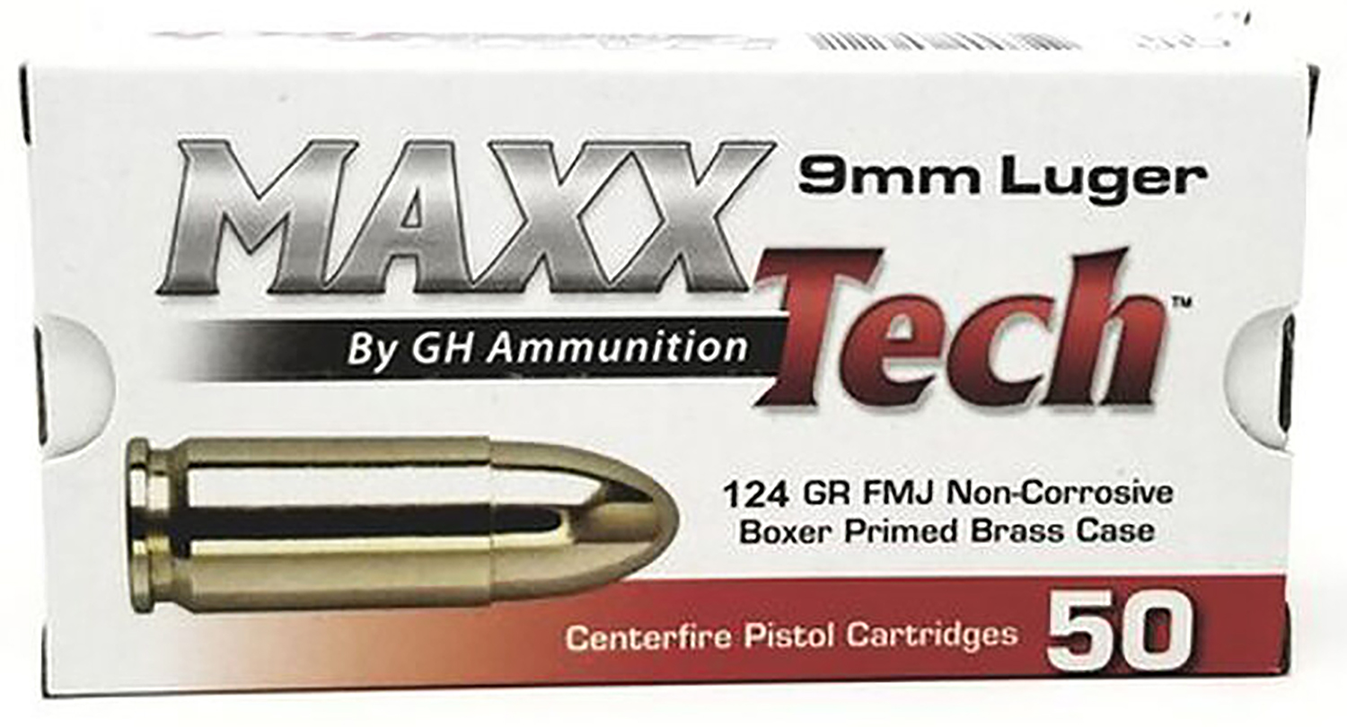 MaxxTech PTGB9124B Brass Pistol 9mmLuger 124gr Full Metal Jacket 50 Per Box